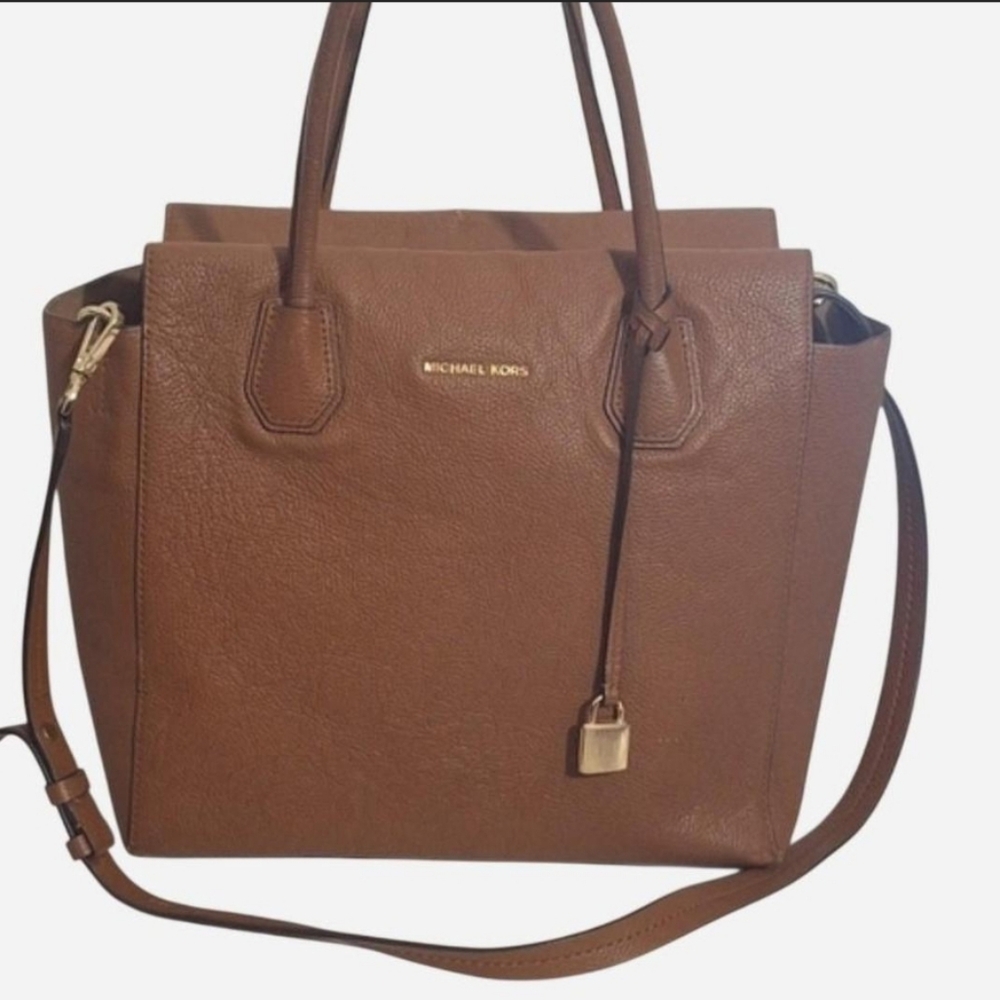 Michael Kors Mercer Brown Pebble Leather Tote Bag With Charm Large Crossbody GUC